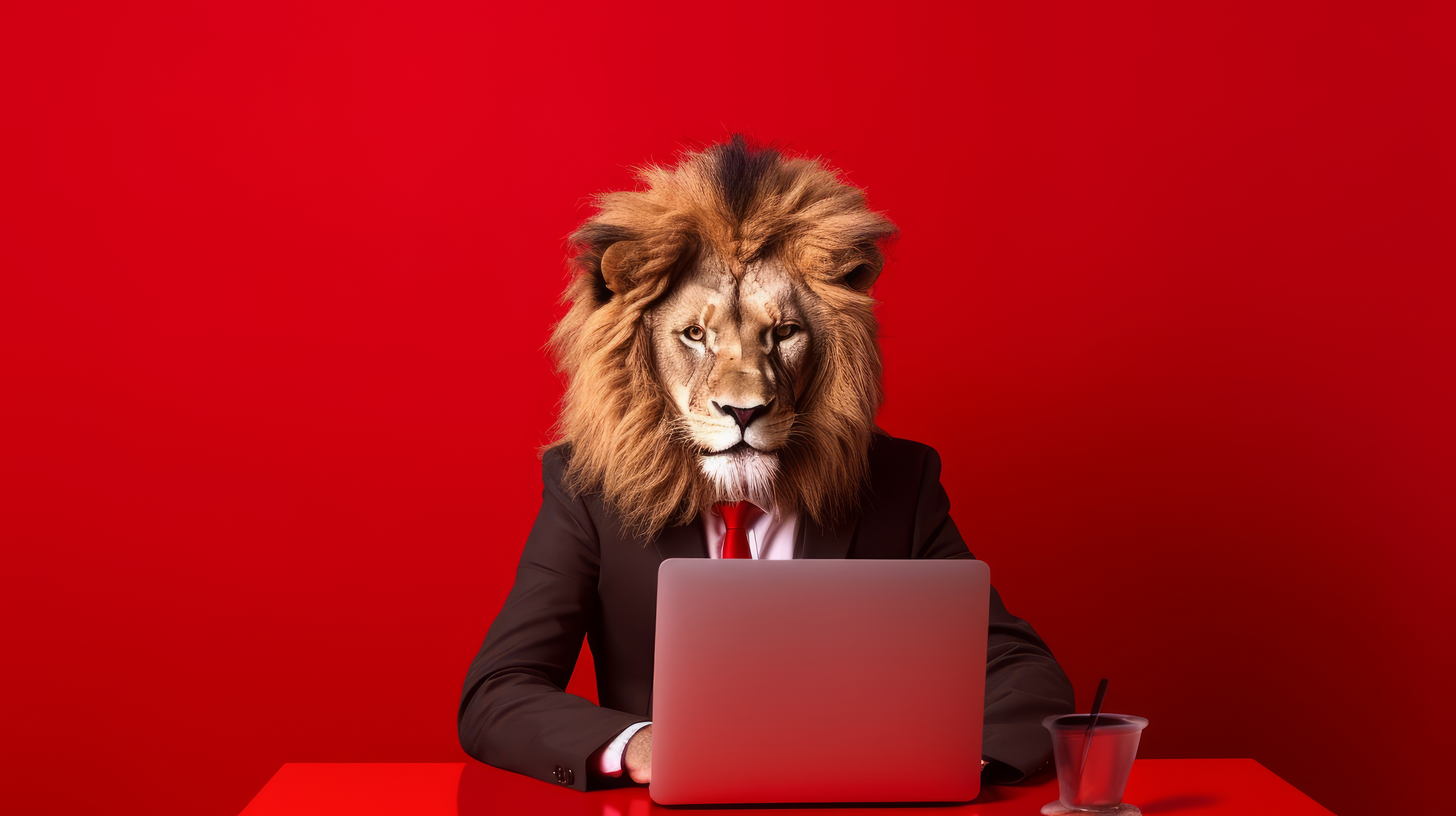 Leão de negócios trabalhando no escritório Leão de terno sentado e trabalhando em um computador.