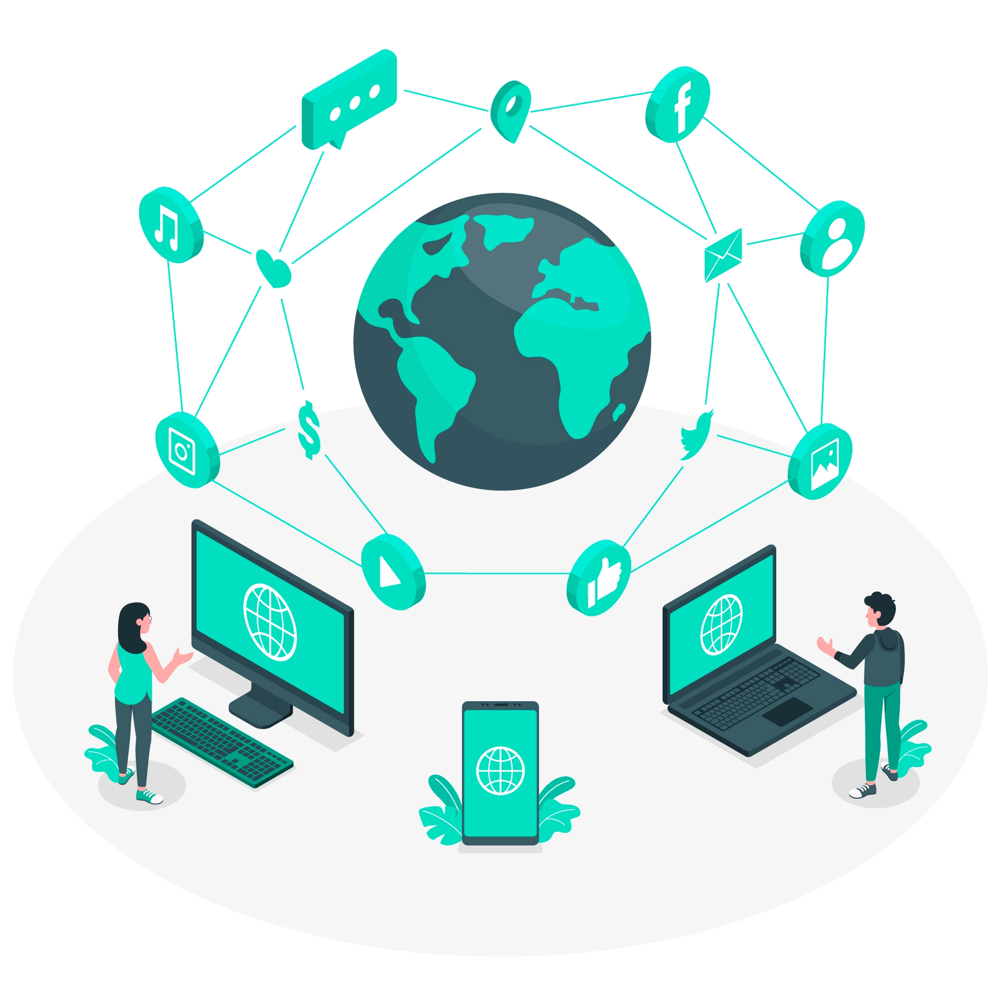 Conectividade global através das redes sociais Desenho de duas pessoas utilizando celulares, ícones de redes sociais e conexões interligadas ao redor do globo da Terra, representando a conectividade global por meio das redes sociais e da tecnologia móvel.