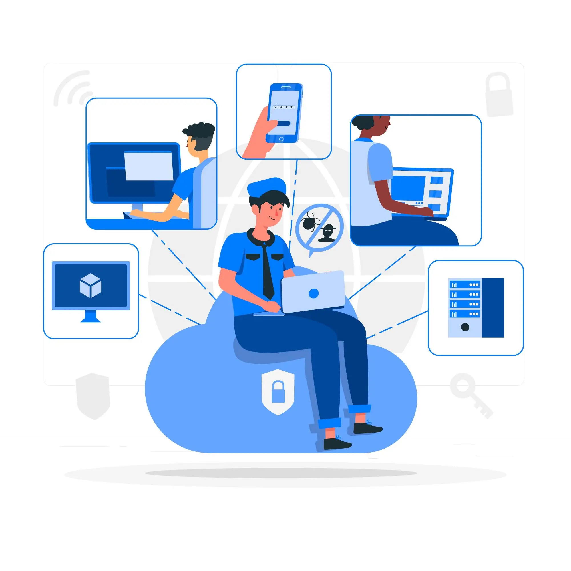 Personagem trabalhando com tecnologia digital Ilustração de um personagem sentado com um notebook e equipamentos digitais interligados.