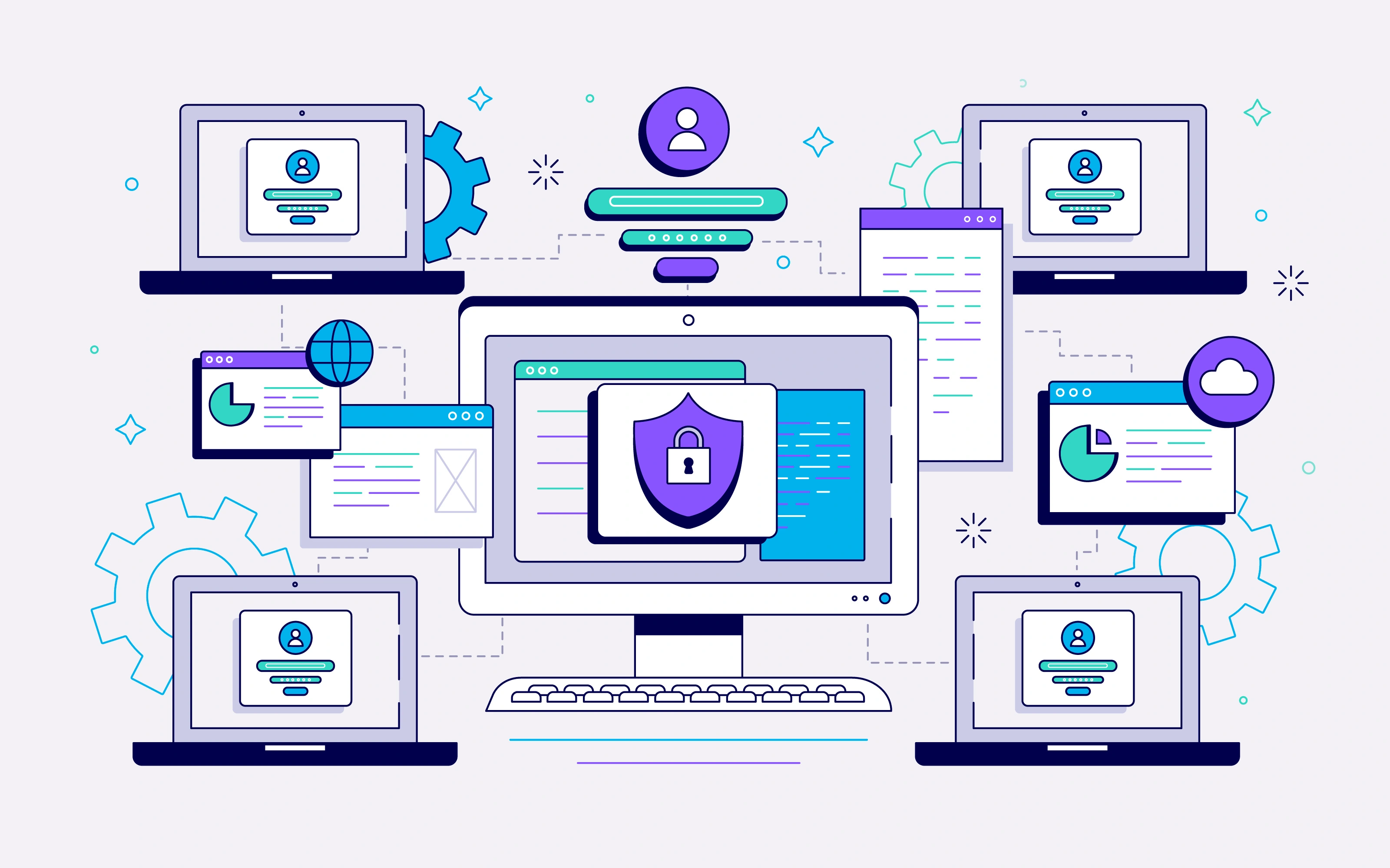 Rede de dispositivos digitais interconectados Desenho de vários computadores e notebooks interligados em rede.