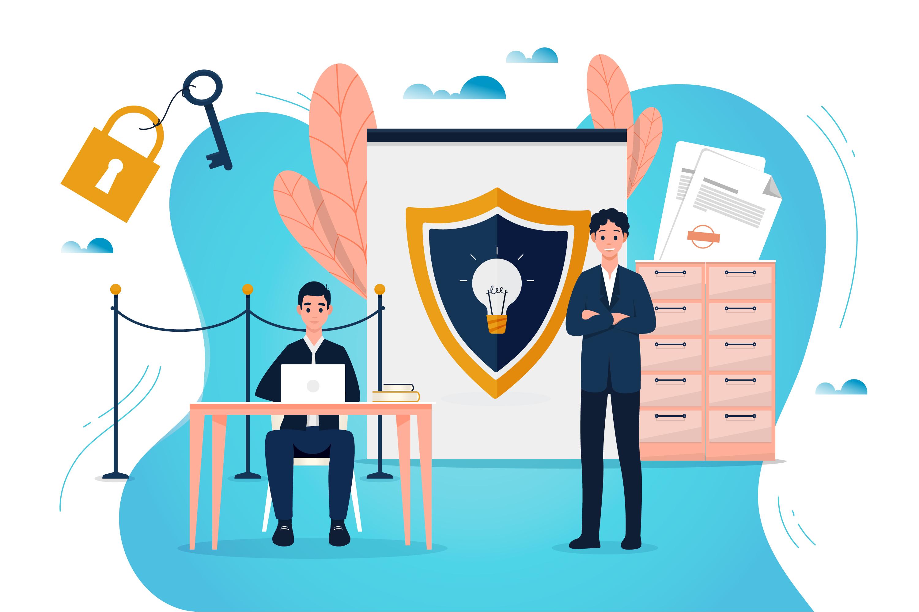 Ilustração de três pessoas usando computadores em um escritório