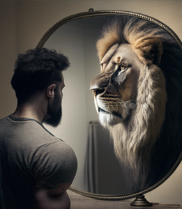 Imagem de um homem olhando para o espelho e vendo o reflexo de um leão Imagem de um homem olhando para o espelho e vendo o reflexo de um leão