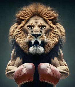 Imagem de um leão com luvas de boxe Imagem de um leão com luvas de boxe